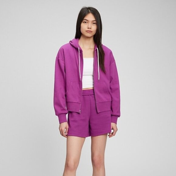 NWT Gap Vintage Soft Cropped Full-Zip Hoodie Rose Pink Verbana Sz L - Picture 1 of 7